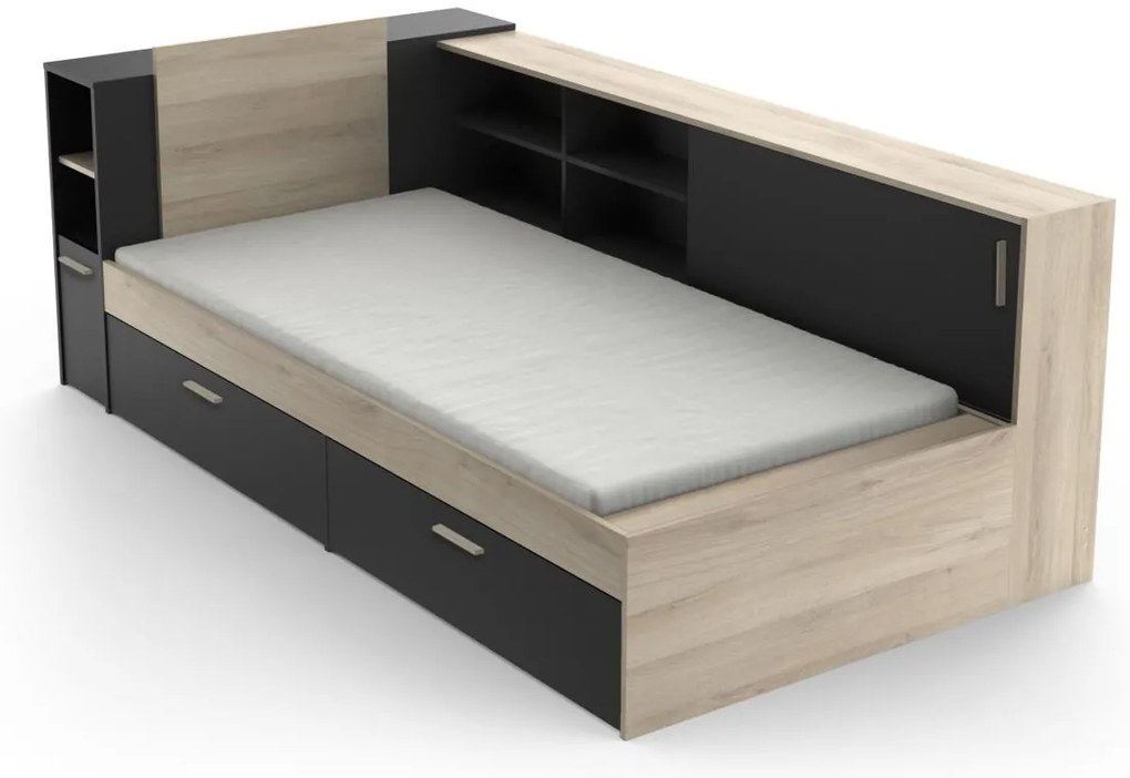 Łóżko 90 x 190/200 cm ze schowkami - Czarny i naturalne drewno + Stelaż - LIARA