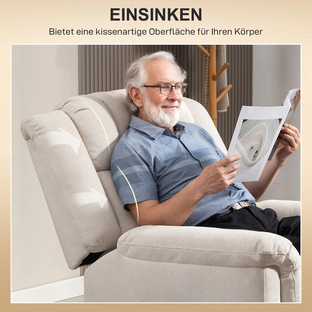 HOMCOM Fotel Powerlift z funkcją masażu i ogrzewania, Fotel wypoczynkowy z podnóżkiem, Boczne kieszenie, Obicie z tkaniny, Beżowy