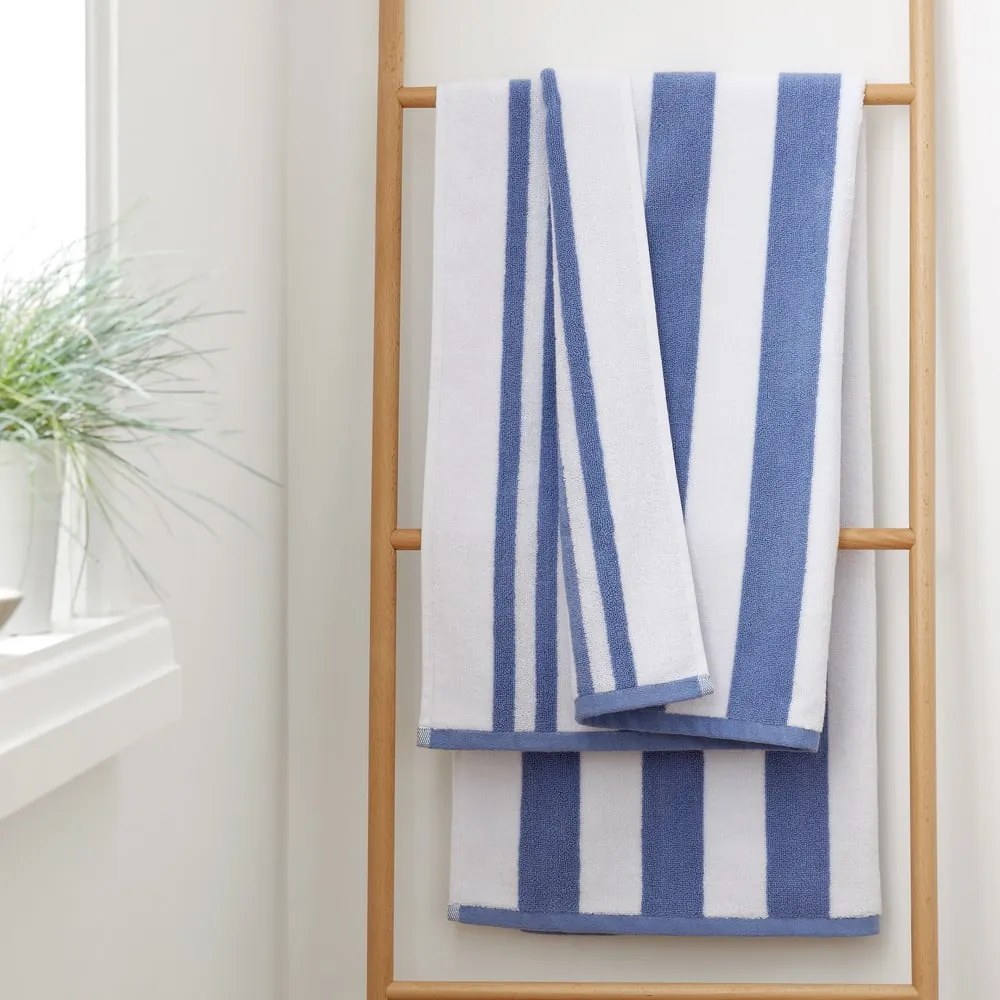 Biały/niebieski bawełniany ręcznik kąpielowy 70x120 cm Stripe Jacquard – Bianca