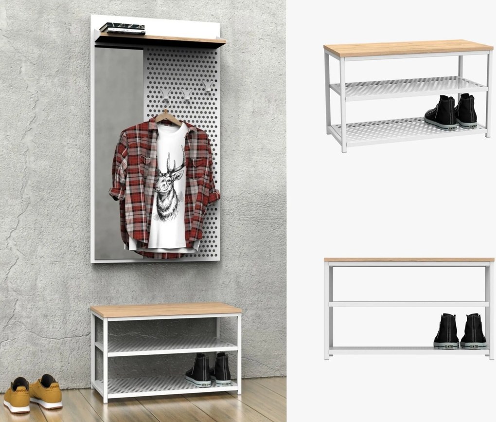 Szeroki taboret z półkami na buty Loft LT2, biały/dąb wotan