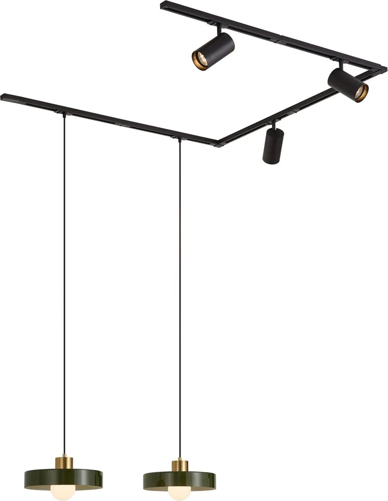 Nowoczesny system szynowy czarny z 2 zielonymi lampami wiszącymi i 3 reflektorami 1-fazowy - Iconic Jeana Luxe Jina