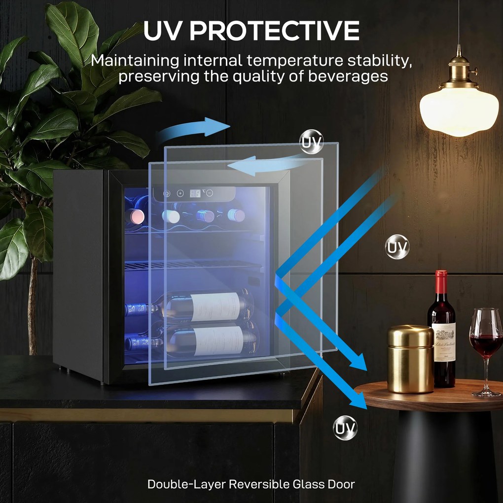 HOMCOM Chłodziarka na 12 butelek, 36 litrów, Zakres Temperatur 4-16°C, Mała Lodówka na Napoje i Piwo z Szklanymi Drzwiami i Oświetleniem LED | Aosom PL