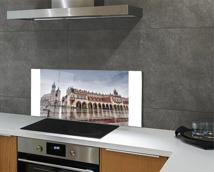 Panel szklany do Kuchni Deszczowy Kraków: Sukiennice i Kościół