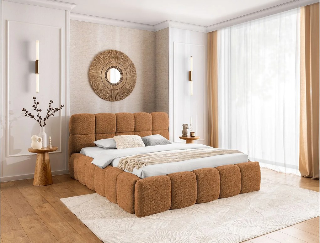 FURNISTAR Łóżko tapicerowane SOFIA 200x200 z pojemnikiem|Bubble|Łóżko dwuosobowe|Stelaż|Wygląd łóżka kontynentalnego|bez materaca-Rudy