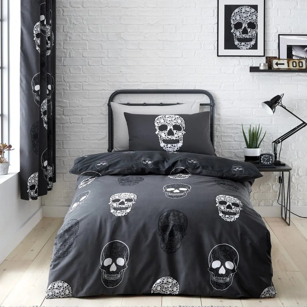 Ciemnoszara pościel dziecięca jednoosobowa 135x200 cm Skulls – Catherine Lansfield