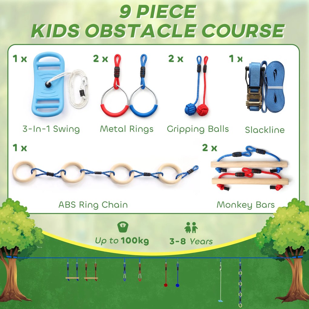 AIYAPLAY Ninja Line dla dzieci 10 m 9-częściowy zestaw Slackline z 2 pierścieniami gimnastycznymi, huśtawką 3 w 1, 2 drabinkami dla dzieci 3–8 lat, wielokolorowy | Aosom PL