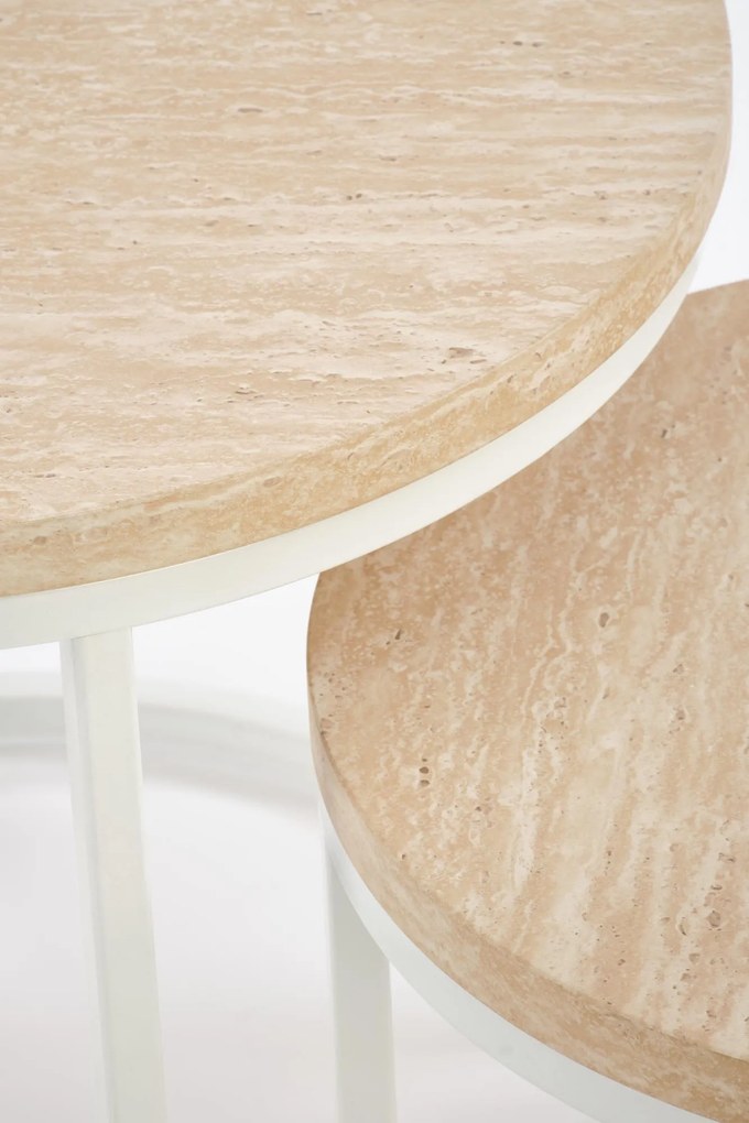 Zestaw 2 okrągłych ław MDF trawertyn/biały 53/45 43/35 OREO