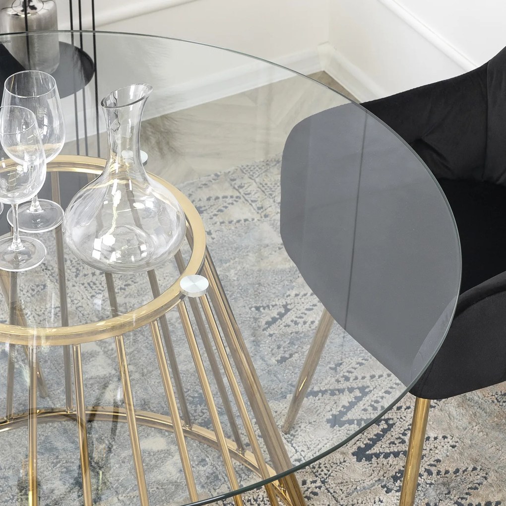 Stół Okrągły Szklany OLIVIER 120 cm ze Złotymi Nogami Nowoczesny do Salonu Glamour