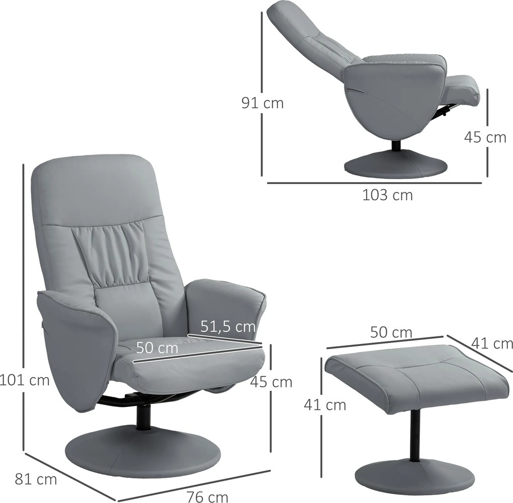 HOMCOM Zestaw 2-częściowy: Fotel Relaksacyjny z Podnóżkiem, regulowany, z nachylanym oparciem, Jasnoszary