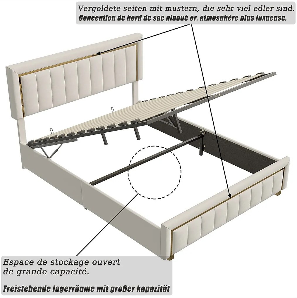 Łóżko z pojemnikiem 160x200 cm beżowy aksamit z stelażem, tapicerowany zagłówek i złota metalowa rama, styl skandynawski