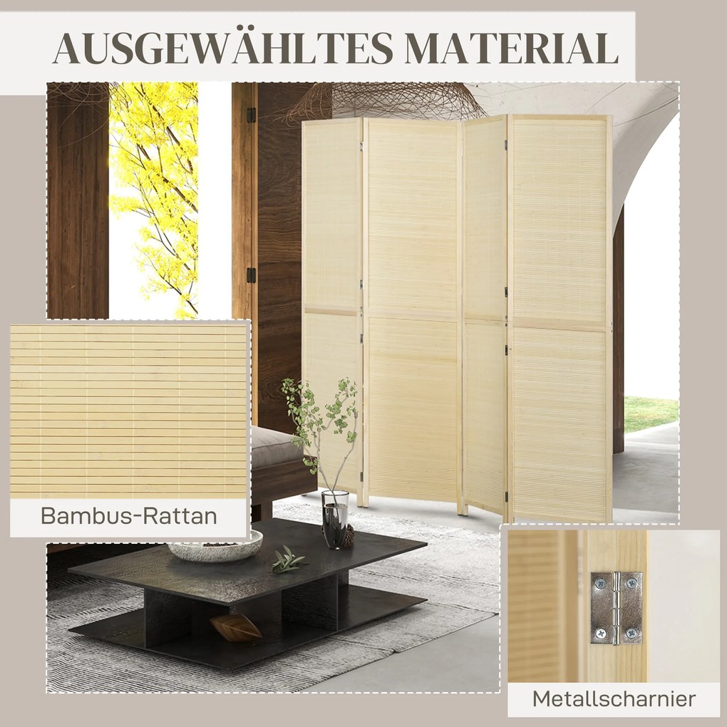HOMCOM Parawan 4-częściowy 180 x 180 cm składany, przegroda z bambusa do salonu, naturalny | Aosom PL