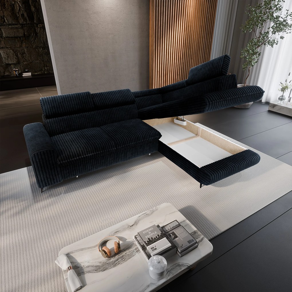Masseno Narożnik VELISS z funkcją spania i pojemnikiem na pościel Rozkładana sofa do Salonu - Czarny, TILIA 100