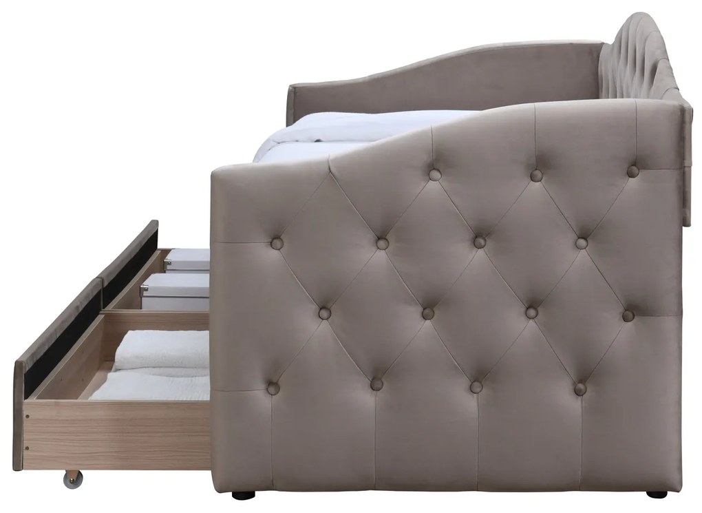 Łóżko tapicerowane jednoosobowe 90x200 welurowe beżowe z szufladami ALOHA