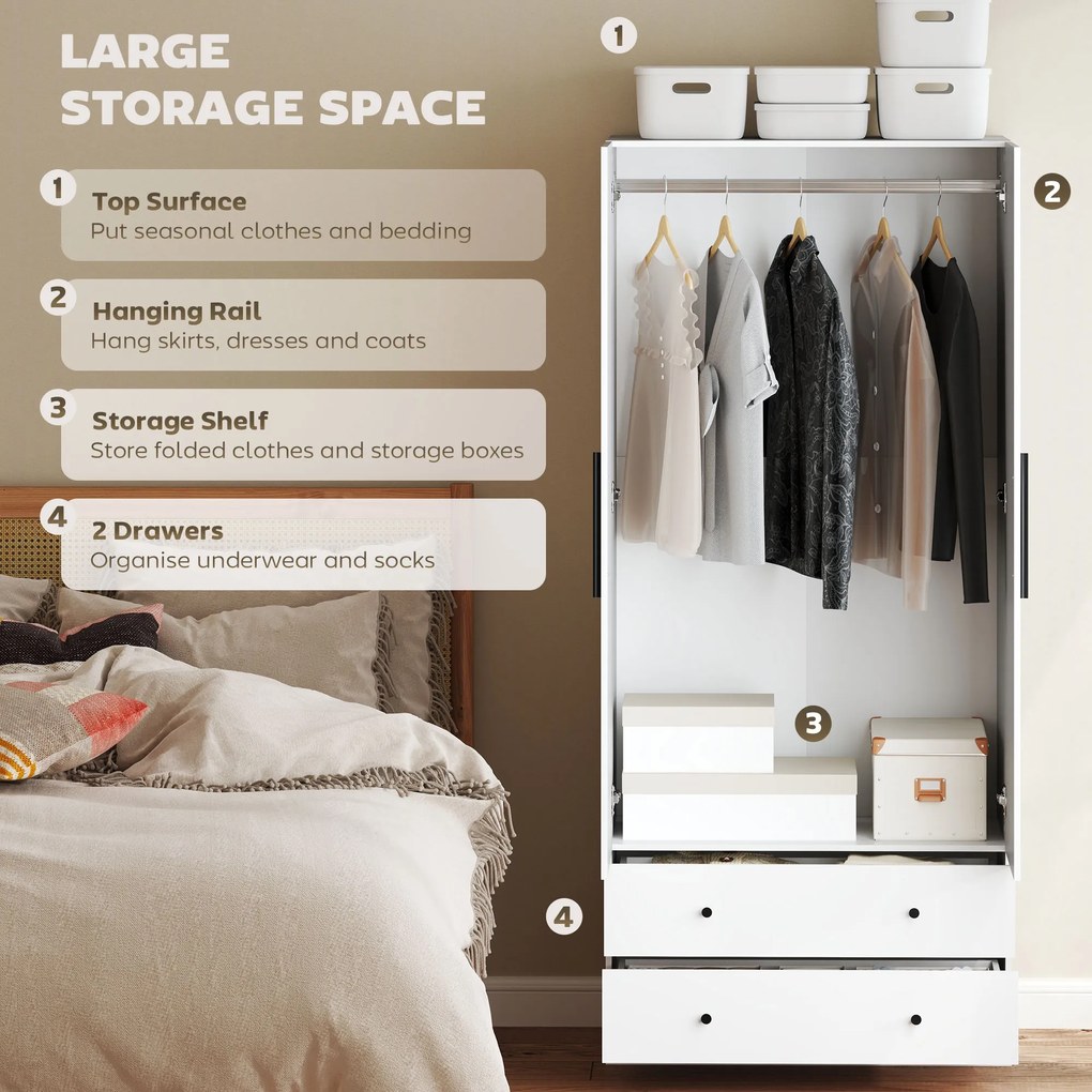 HOMCOM Szafa, 2 Drzwi, Przestrzeń Wisząca, Stanga, 2 Szuflady, Płyta Wiórowa, Biała