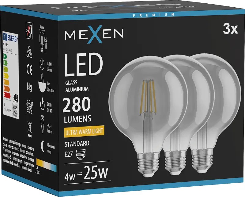 Mexen Vintis 3x żarówka filament LED E27, G95, 4W, Ciepła - 2200K, 280 lm, smoke - L157-E27-0422-70x03