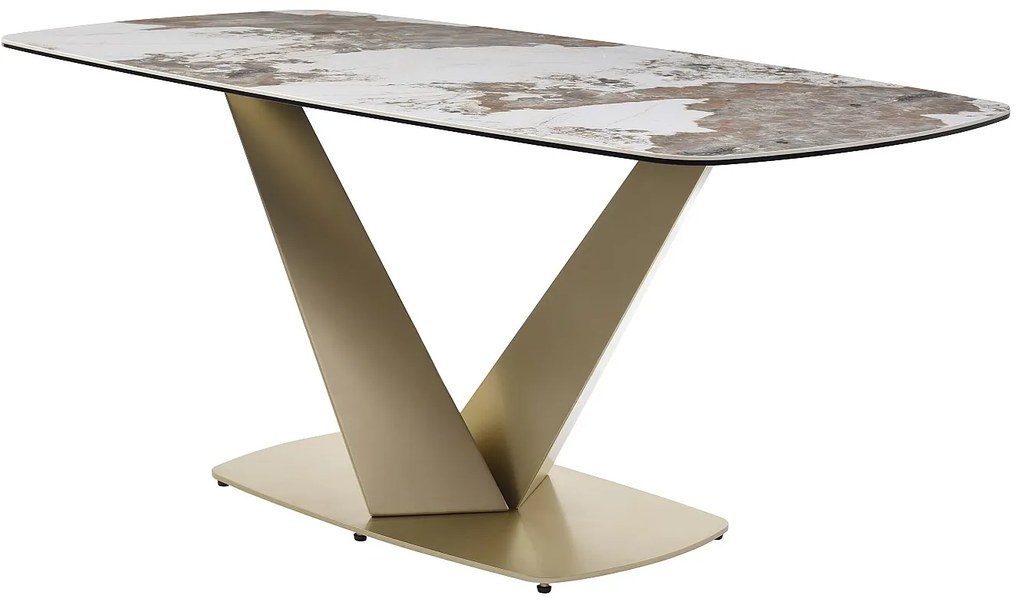 Stół do jadalni dla 6 osób z ceramiki, szkła hartowanego i złotego metalu - Efekt białego marmuru i szary - PORELIMA marki Maison Céphy