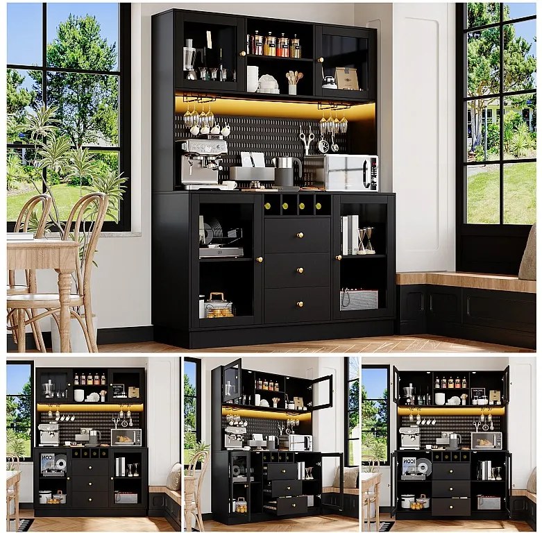 Nowoczesna komoda kuchenna - 140 x 40 x 185,7 cm - z 4 drzwiami szklanymi + 3 szufladami + półkami + diodami LED - MDF + szkło - czarna