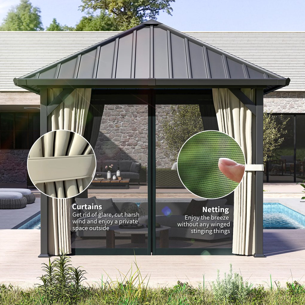 Outsunny 3 x 3 m Pawilon z Twardym Dachem, Ogrodowy Pawilon z Metalowym Dachem, Wodoodporne Namiot Ogrodowe z Siatką i Bocznymi Ścianami, Ciemnoszary