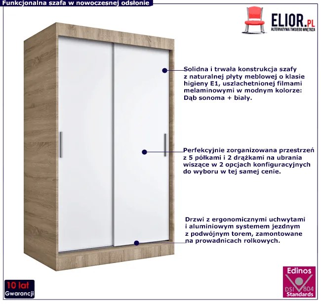Szafa z przesuwanymi drzwiami dąb sonoma + biały 120 cm - Erco 3X