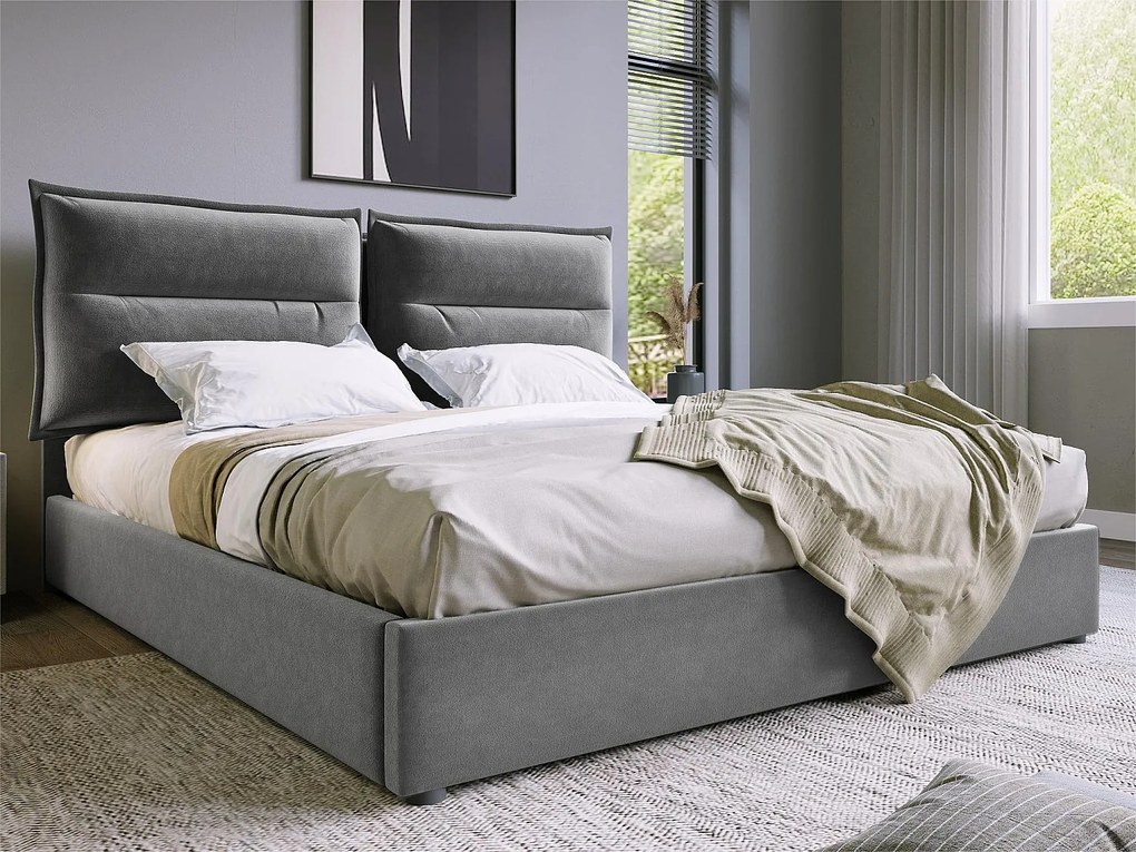 Łóżko tapicerowane welurowe 140x200cm z regulowanym wezgłowiem i stelażem na listwy - Szare