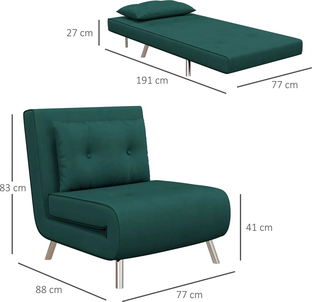 HOMCOM Sofa rozkładana ciemnozielona funkcja łóżka praktyczny składany fotel do spania stylowy design | Aosom PL