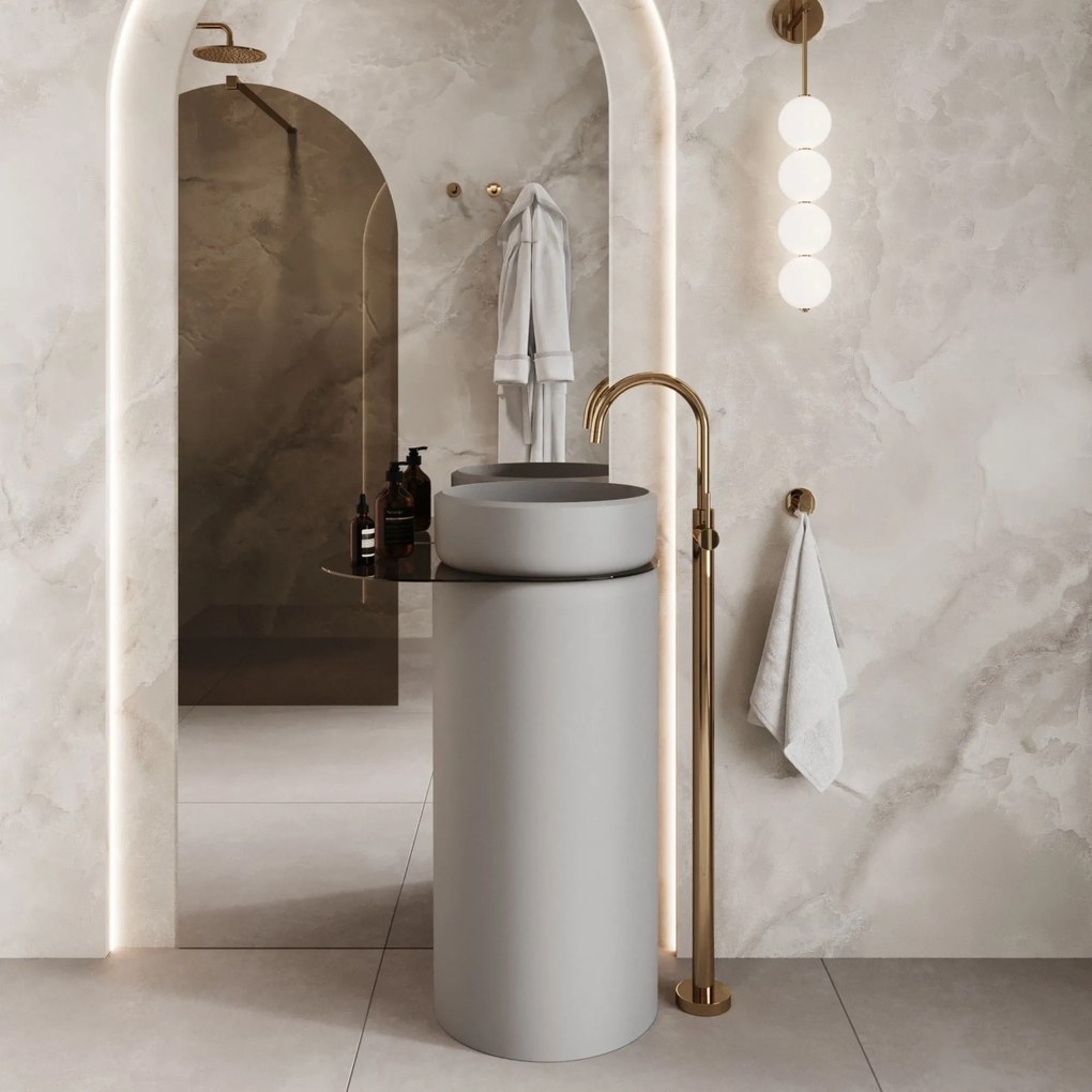 Umywalka z konglomeratu wolnostojąca okrągła z półką szklaną 85 x 40 cm RONA bez przelewu | Różne kolory półki : Kolor szkła - Brązowy, Kolor umywalki RONA - Szary połysk, Podłączenie syfonu - Do ściany, Półka - Szklana