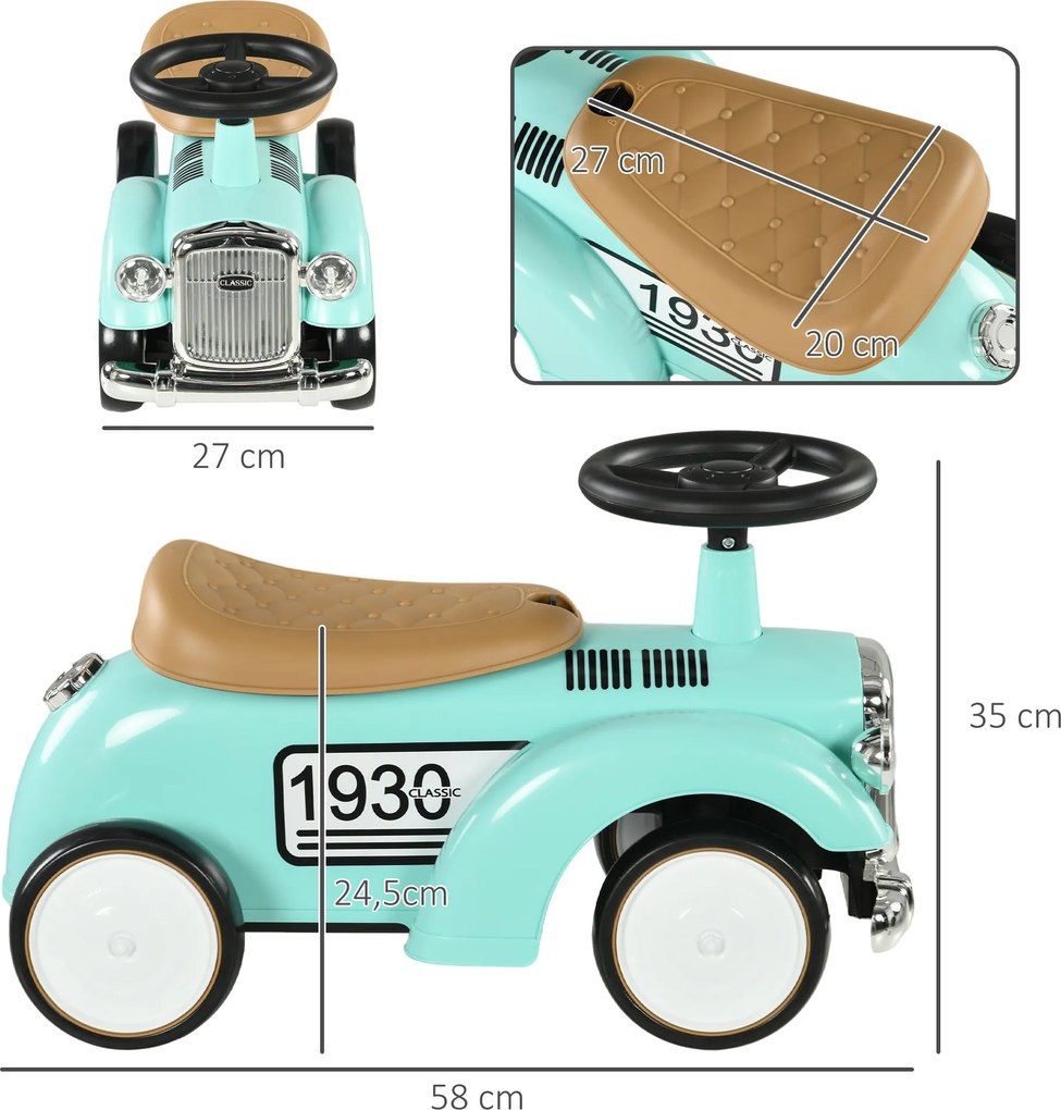 AIYAPLAY Auto dla Dzieci, Vintage'owy Design, Ukryty Schowek, Zabezpieczenie Przed Przechyleniem, Klakson, 12-36 Miesięcy, Zielony