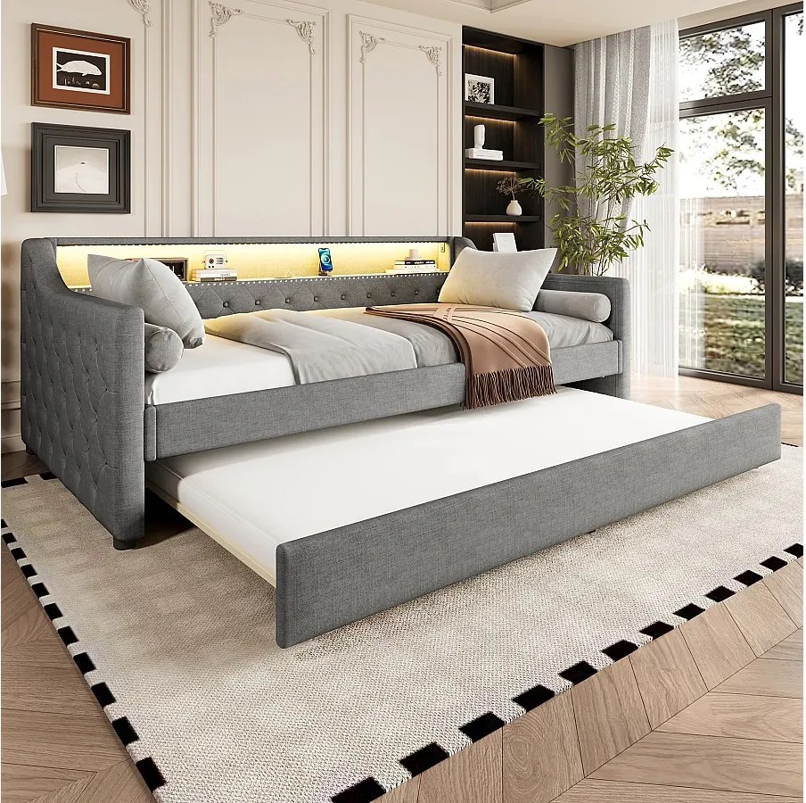 Sofa rozkładana 90 x 200 cm z wysuwanym łóżkiem 90 x 190 cm - z pojemnikiem + diody LED + USB - len - szara