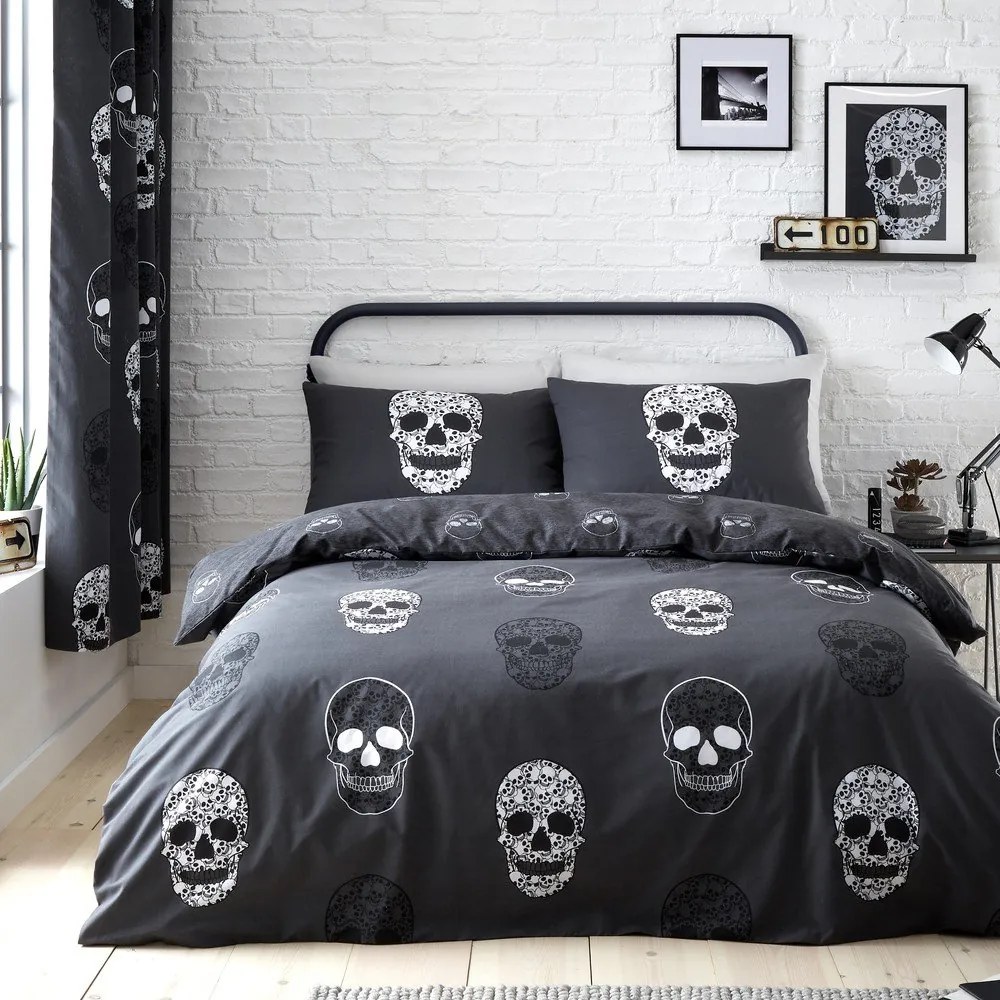 Ciemnoszara pościel dziecięca dwuosobowa 200x200 cm Skulls – Catherine Lansfield