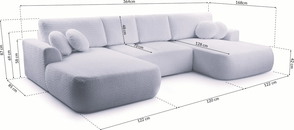 Masseno Narożnik FILO z funkcją spania i pojemnikiem na pościel Narozniki U, Rozkładana sofa - Szary, CORAL 75