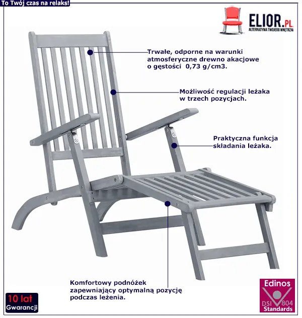 Szary drewniany leżak z regulacją - Lioxio
