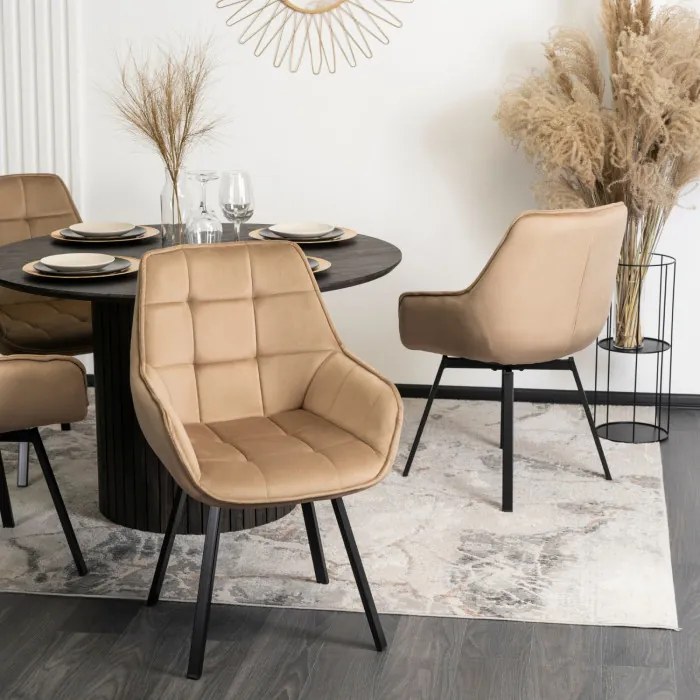 Krzesło Tapicerowane Obrotowe do Salonu LUNA Beżowe Welurowe Nowoczesne Loft
