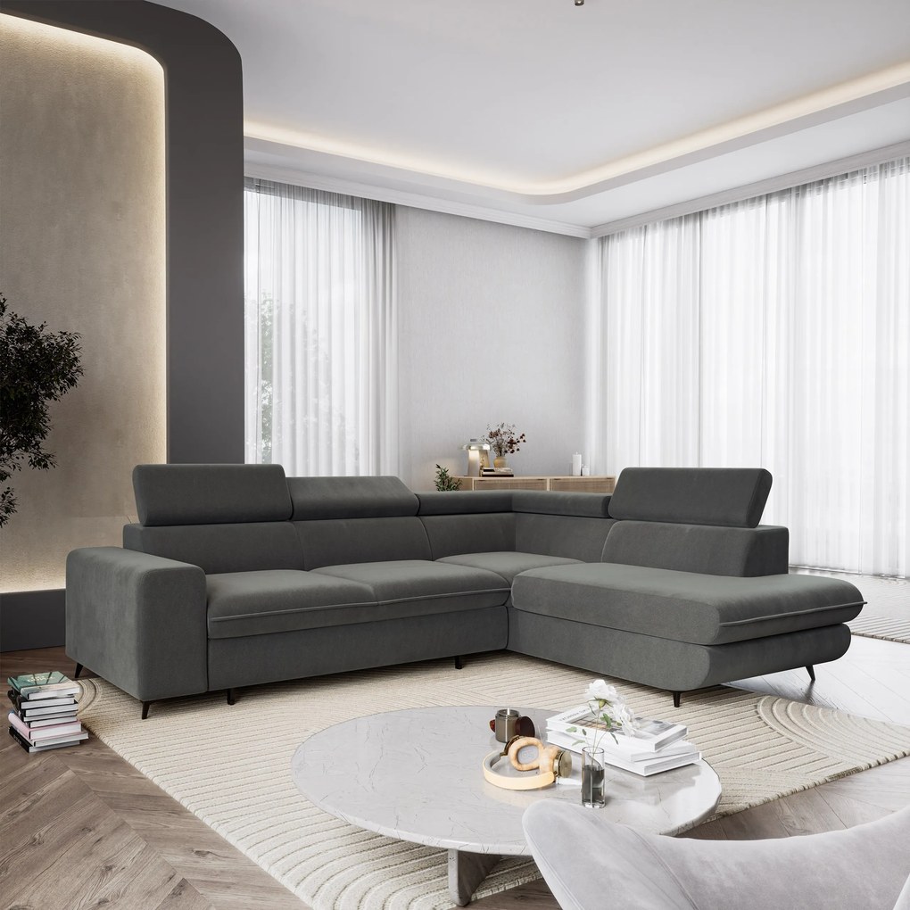 Masseno Narożnik VELISS z funkcją spania i pojemnikiem na pościel Narozniki L, Rozkładana sofa - Szary, CASTEL 93