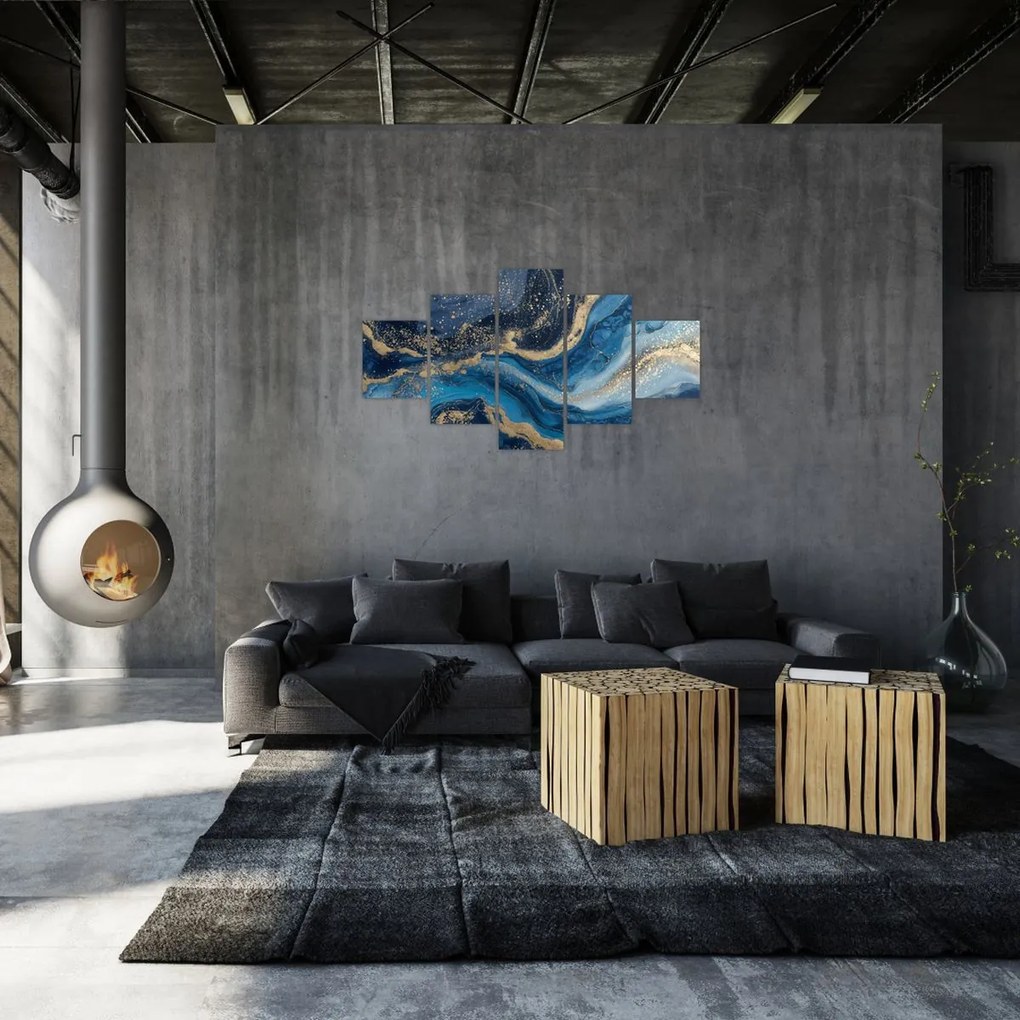 Obraz - Abstrakcyjny niebiesko-złoty marmur (125x70 cm)