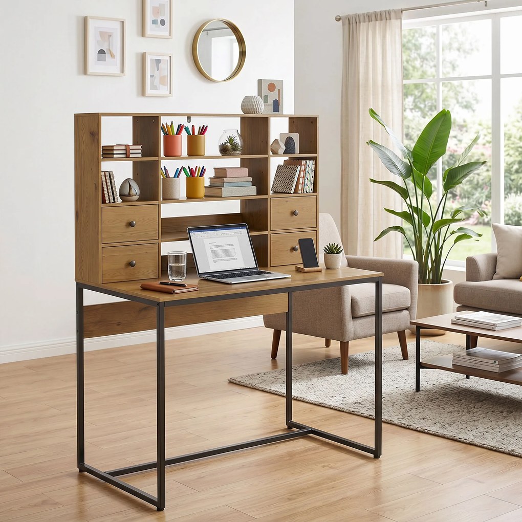 HOMCOM Biurko komputerowe z 4 szufladami i półkami, biurko 105 cm, drewno naturalne | Aosom PL