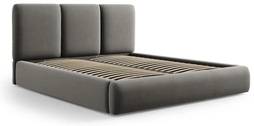 Szare aksamitne tapicerowane łóżko dwuosobowe ze schowkiem i stelażem 140x200 cm Brody – Mazzini Beds