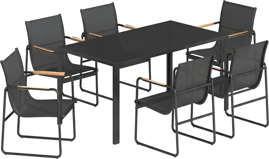 Outsunny Zestaw Mebli Ogrodowych 150 x 80cm Stół Szklany z 6 Oddychającymi Krzesłami Dekoracyjne Podłokietniki Czarny | Aosom PL