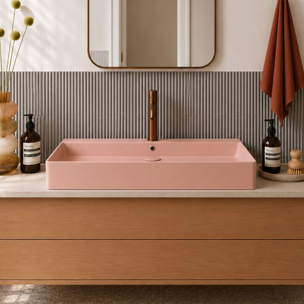 Massi Umywalka ceramiczna nablatowa / wisząca różowa z otworem na baterie 80 x 45 cm LERA pink