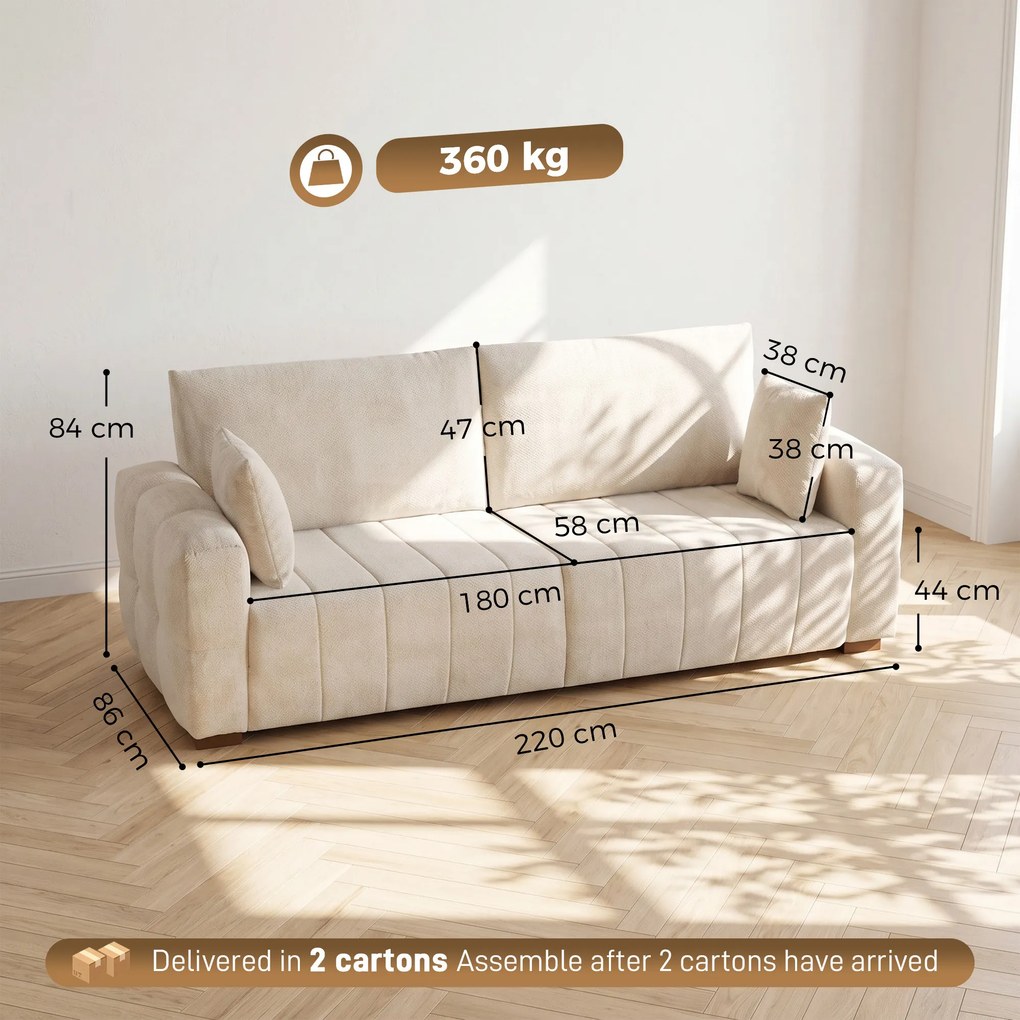 HOMCOM Sofa 3-osobowa z podłogowymi podłokietnikami, tapicerowana sofa do salonu, nogi drewniane, kremowo-biała | Aosom PL