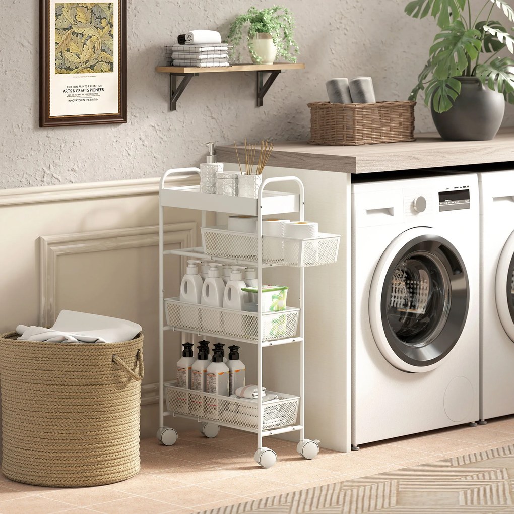 HOMCOM Wózek kuchenny metalowy, 3 kosze, wąski design, 4 koła, do kuchni, salonu, łazienki, biały