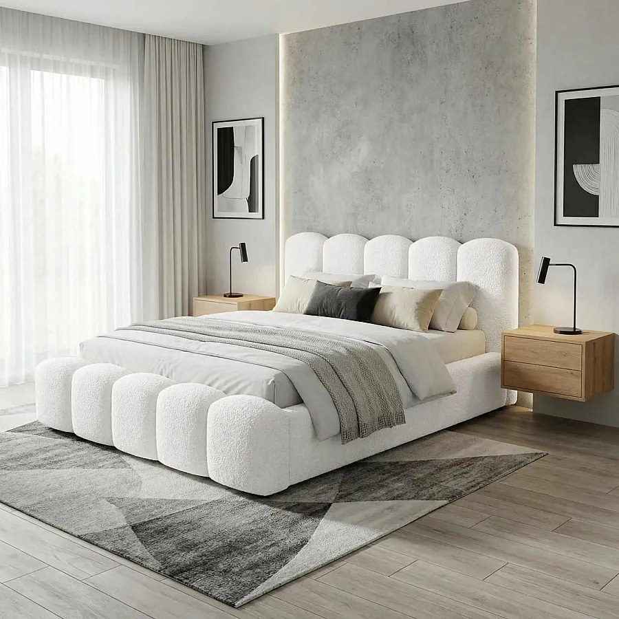 BESILIO Łóżko z grubej pianki 120x200 boucle Milly - łóżko z pojemnikiem i stelażem - Biały