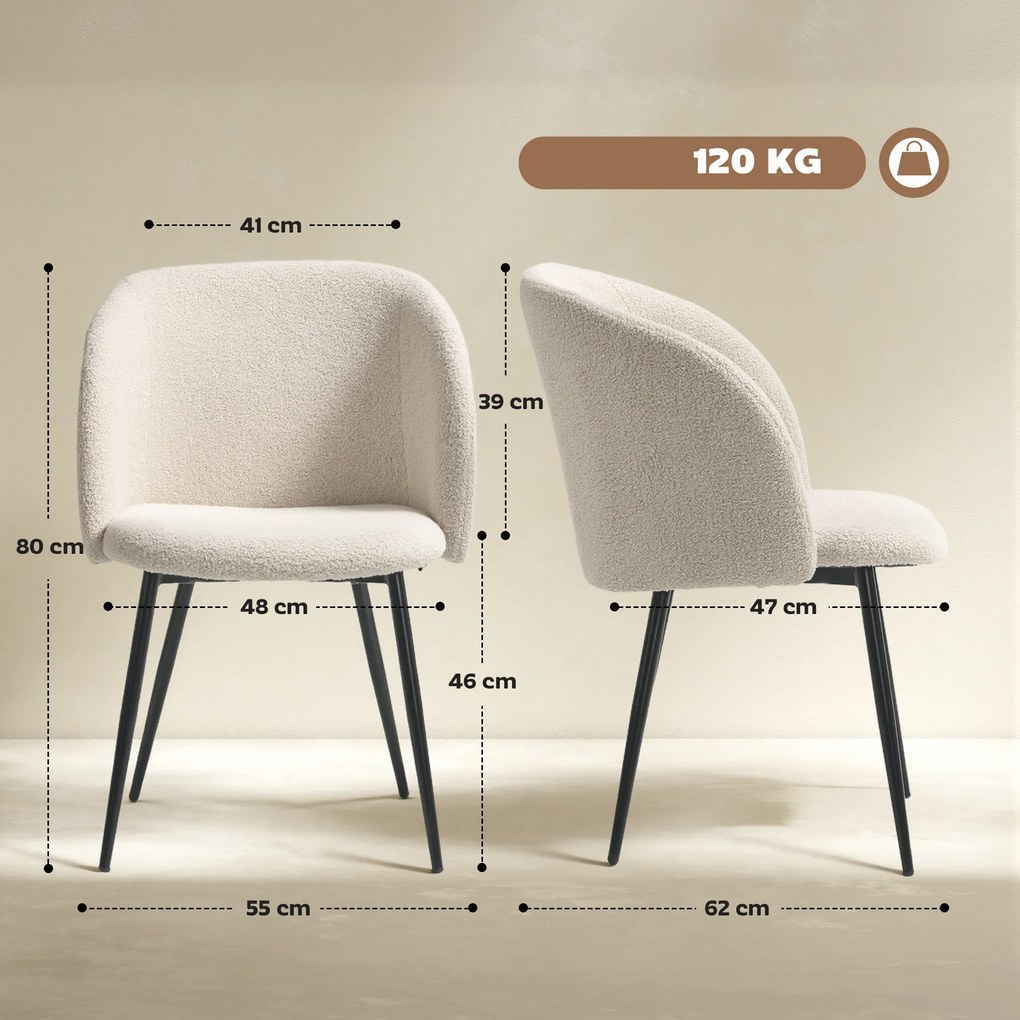 HOMCOM Zestaw 2 krzeseł jadalnych, krzesła tapicerowane z materiału, krzesła kuchenne ze stalowymi nogami, z ergonomicznym oparciem, kremowe