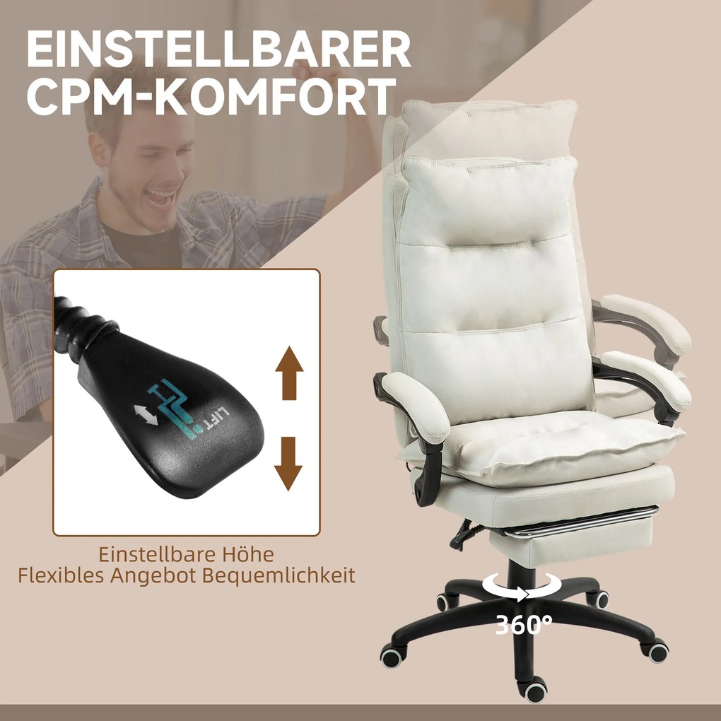 Vinsetto Krzesło Biurowe z Masażem, Fotel do Pracy z Funkcją Masażu, Regulowany Ergonomiczny Fotel Obrotowy, Nylon, Kremowy