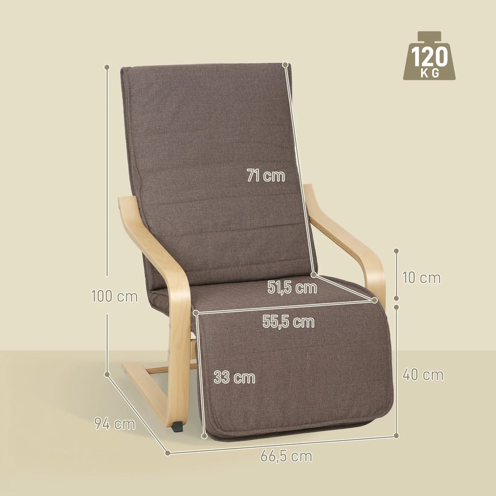 HOMCOM Fotel akcentowy, fotel relaksacyjny z regulowanym podnóżkiem, rama z drewna brzozowego, do 120 kg, 66,5 x 94 x 100 cm, brązowy | Aosom PL