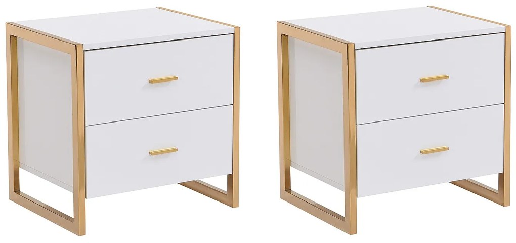 Zestaw 2 szafek nocnych z 2 szufladami - MDF - Biały lakierowany i złoty - OMBRELIA Pascala Morabito
