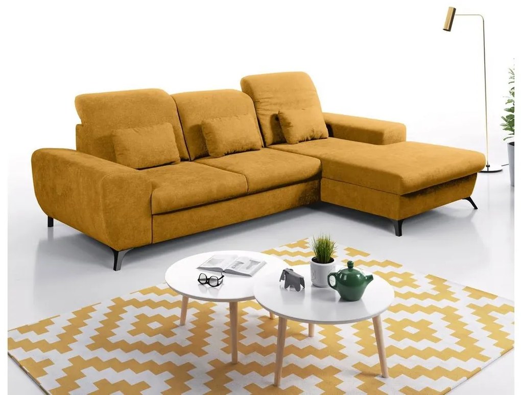 Rozkładany narożnik tapicerowany ALTA z pojemnikiem, w układzie L, prawy, żółty