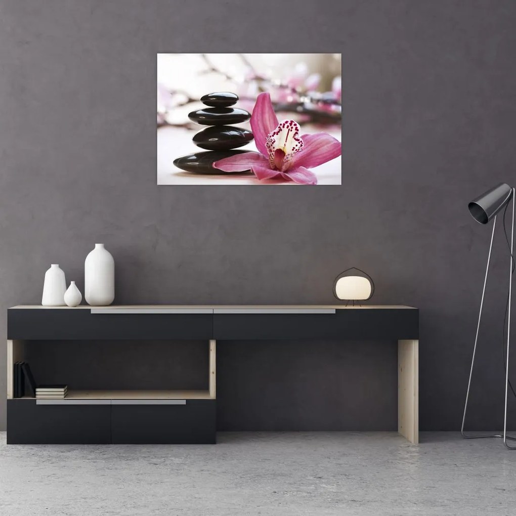 Obraz na szkle - kamienie do masażu i storczyki (70x50 cm)