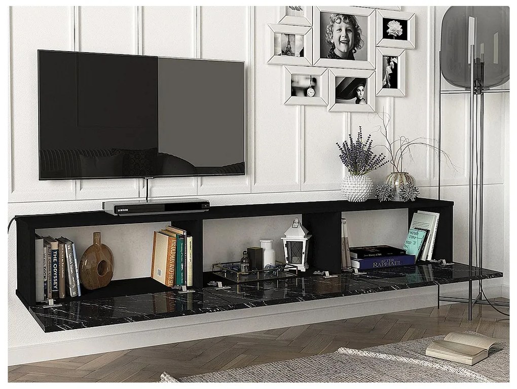 Wisząca szafka RTV z 3 wnękami – Imitacja czarnego marmuru – VIKILA