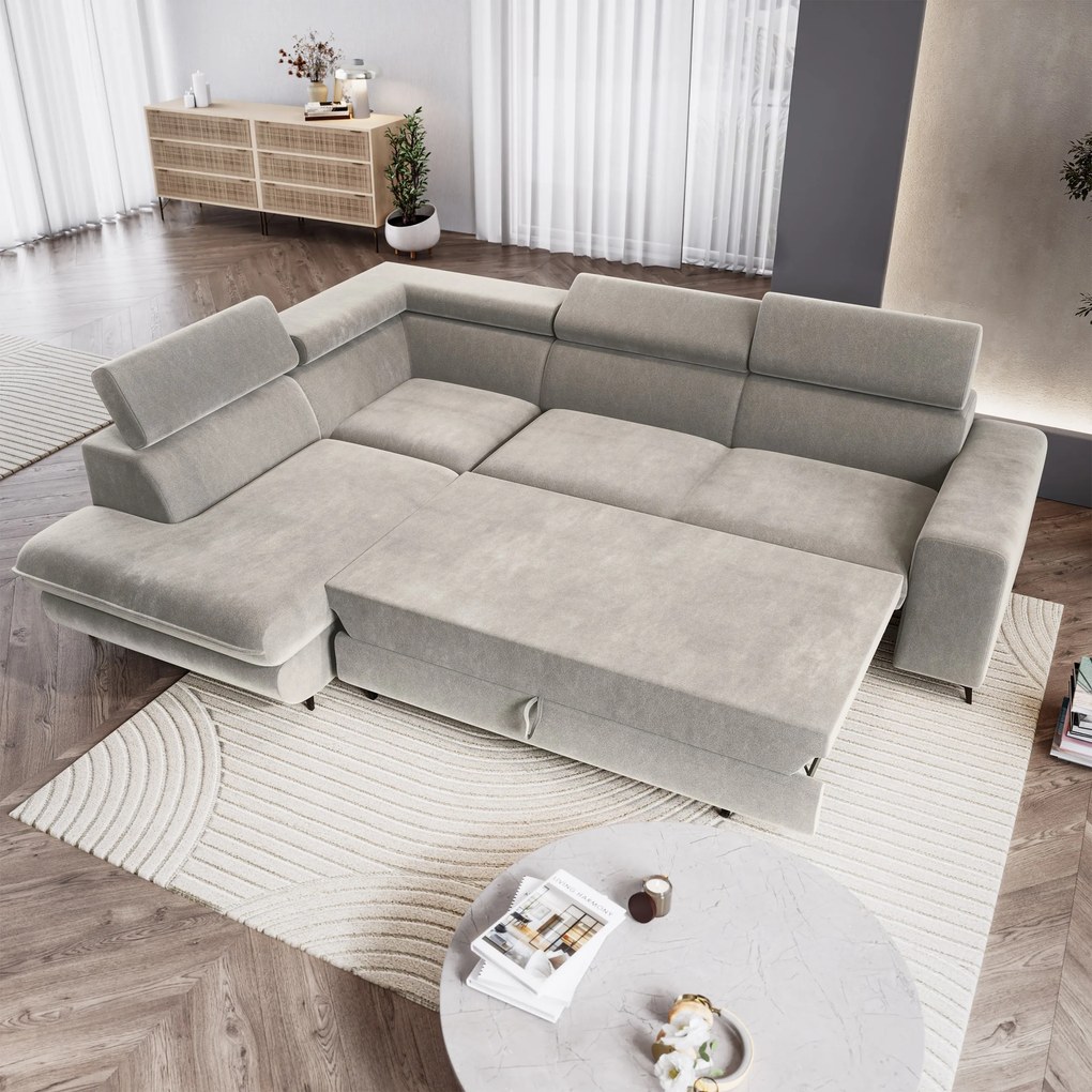 Masseno Narożnik VELISS z funkcją spania i pojemnikiem na pościel Narozniki L, Rozkładana sofa - Jasnoszary, CASTEL 80