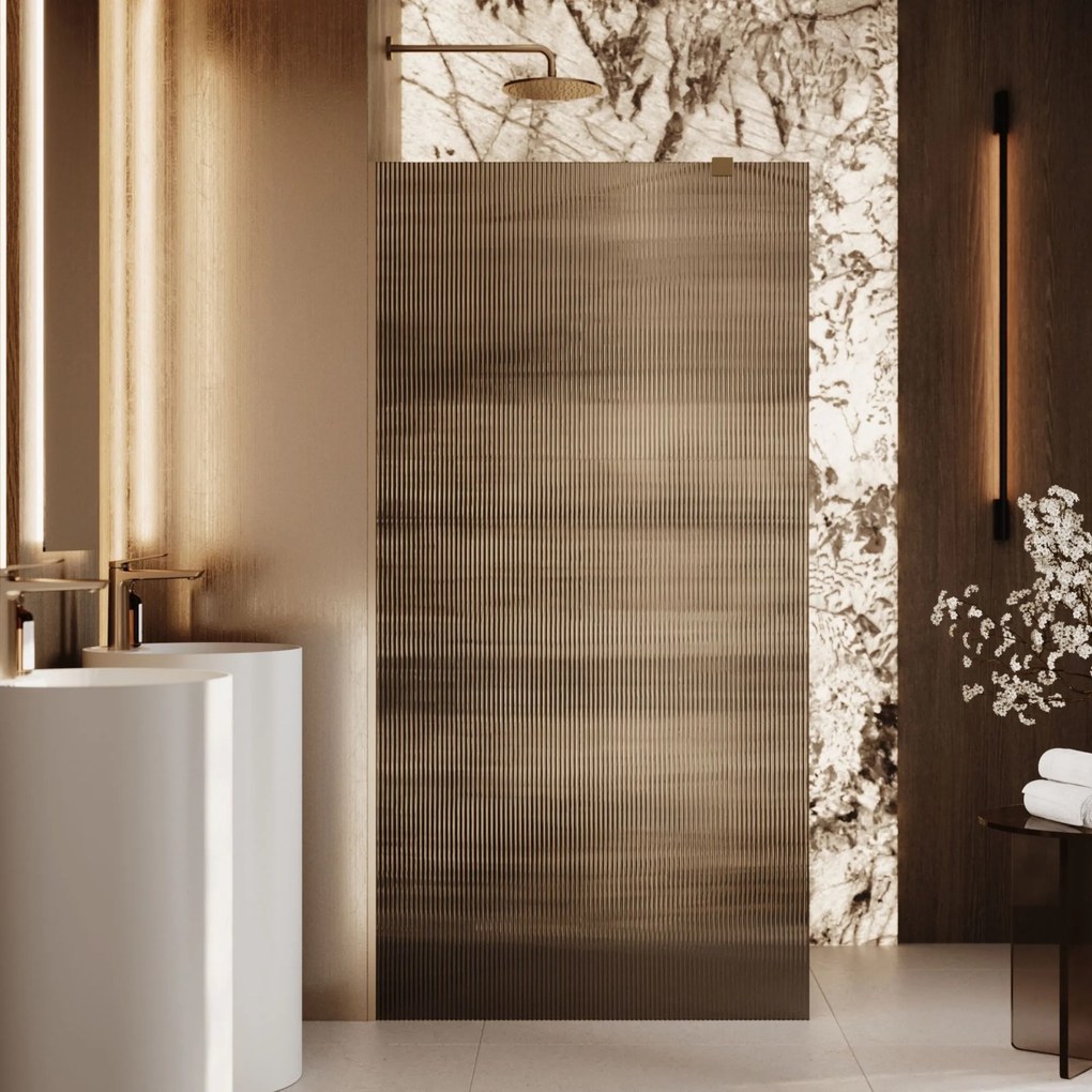 Ścianka prysznicowa WALK IN FIX grafitowa prostokątna ryflowana 8 mm ARTE WELLE Classic Grafit| różne rozmiary : Kolor profili kabiny - złoty szczotkowany, Szerokość ścianki - 90 cm , Typ montażu - WALK in FIX (Do ściany)